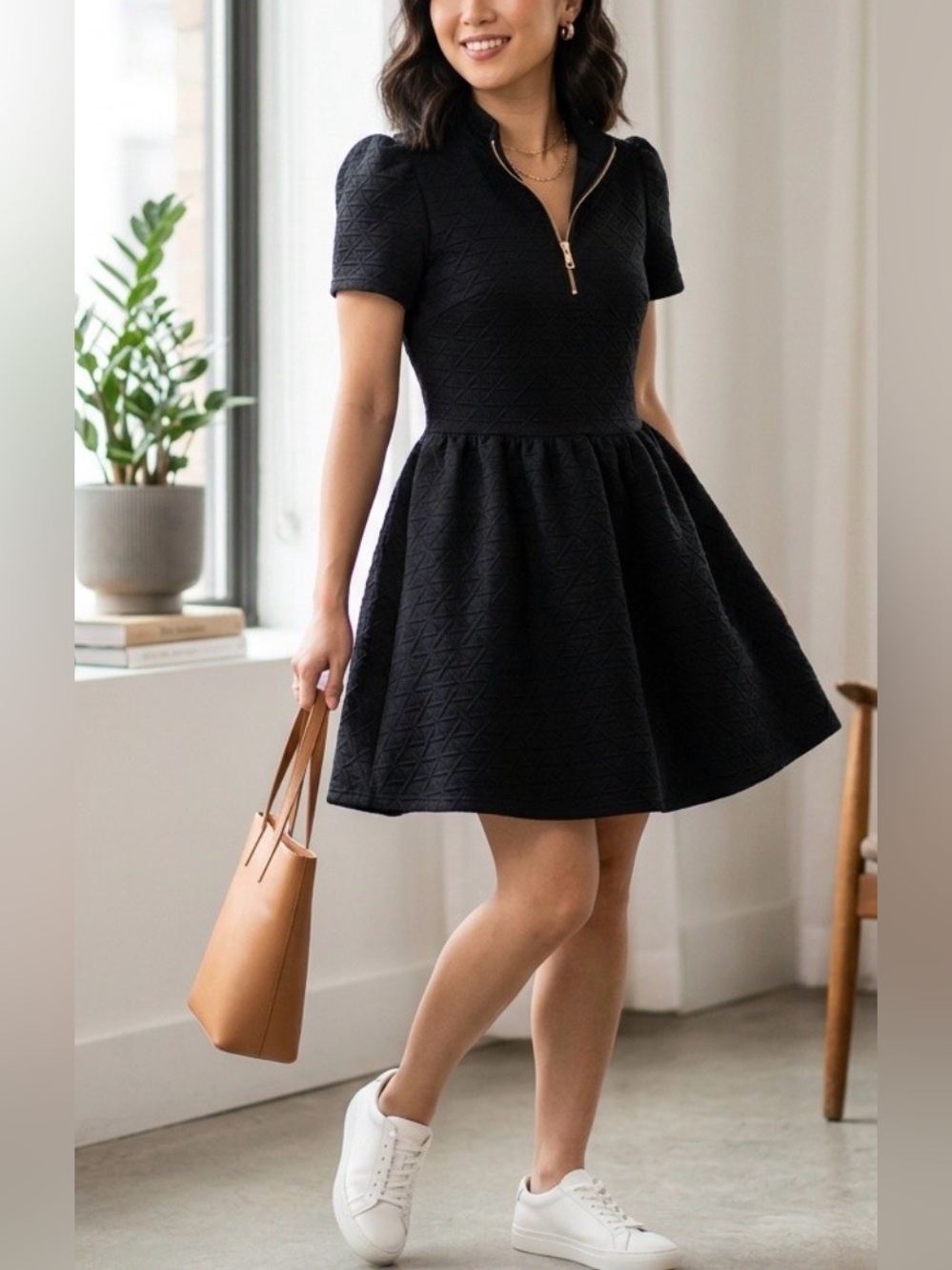 SSYS Textured Black Zip-Front Dress